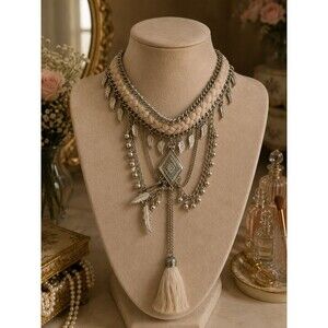 Bohemian Boho Statement Choker, Silver Tone Layered Festival Jewelry